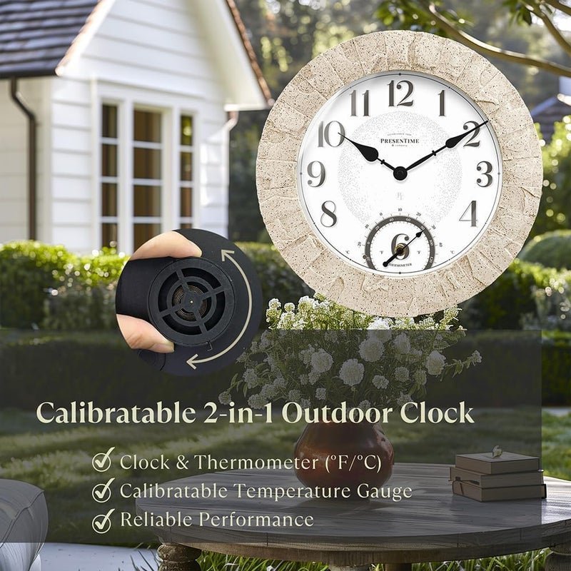 Presentime & Co 14" Illuminated in/Outdoor Clock with Smart Sensor and Night Light, Waterproof, Large Wall Clock with Thermometer & Hygrometer, for Garden and Patio - Coastal Sandstone Finish. - Image 4